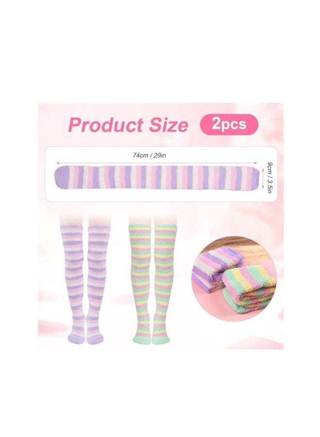 Womens Thigh High Fuzzy Socks Over Knee High Long Striped Stocking Fluffy Cozy Slipper Fleece Gift Socks 2 Pairs - Image 2