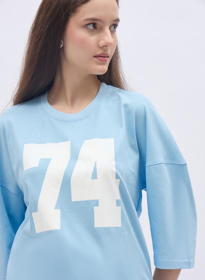 Styli Women Light Blue Exaggerated Shoulder Graphic Oversized T-Shirt - Image 4