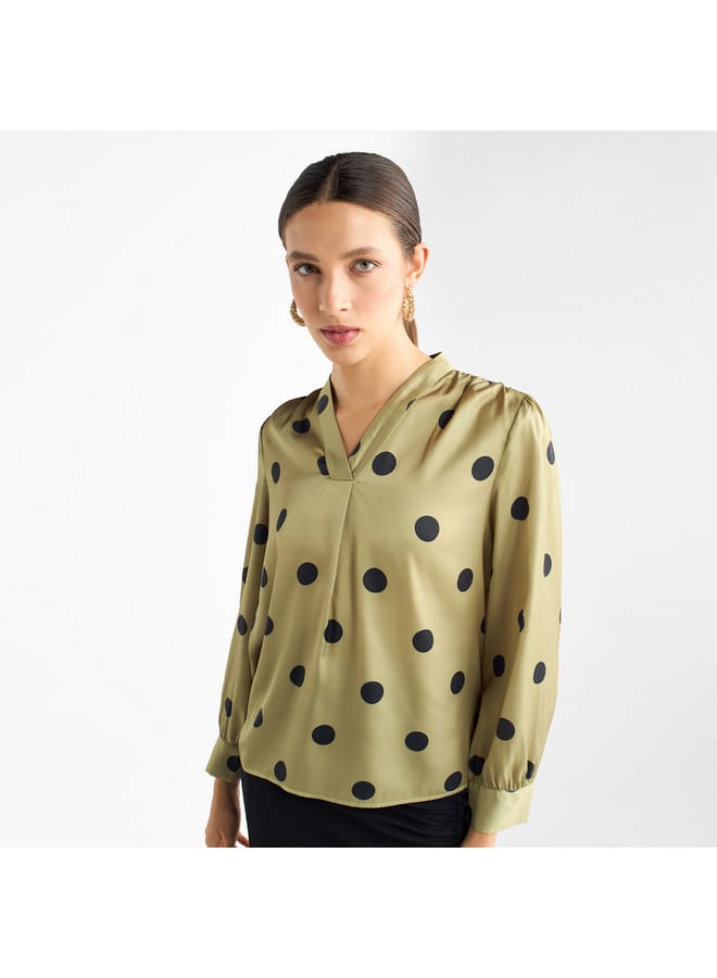 Splash FAV All-Over Polka Dot Print V-neck Top with Long Sleeves  - Image 1