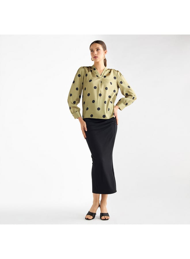 Splash FAV All-Over Polka Dot Print V-neck Top with Long Sleeves  - Image 2