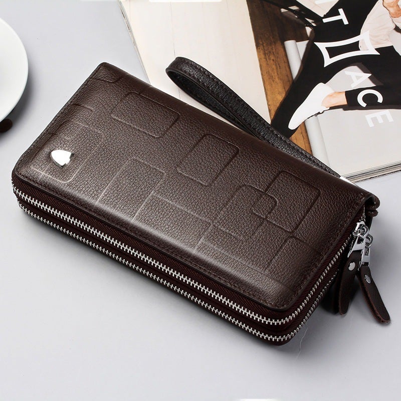 Genuine Leather Mens Wallet Long Zippered Clutch Geometric Phone Pouch Brown