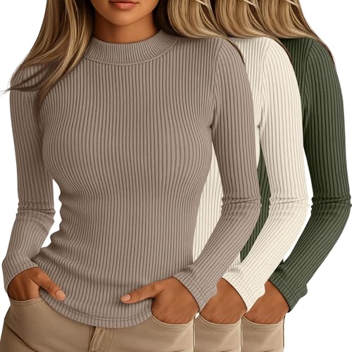 Riyiper 3 Pack Womens Ribbed Shirts Mock Turtleneck Long Sleeve Tops Slim Fitted Undershirts Casual Basic Layering TeesKhaki Gray Cream Army GreenSmall - Image 1