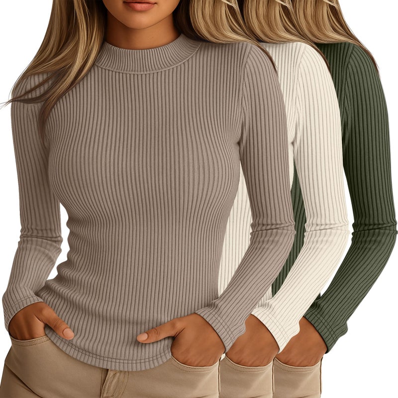 Riyiper 3 Pack Womens Ribbed Shirts Mock Turtleneck Long Sleeve Tops Slim Fitted Undershirts Casual Basic Layering TeesKhaki Gray Cream Army GreenSmall - Image 2