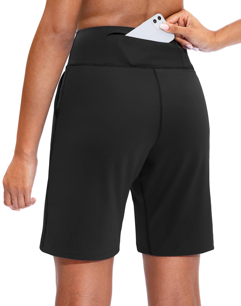 SANTINY Bermuda Shorts for Women with Zipper Pocket Womens High Waisted Long Shorts for Running Workout Athletic(Black_M) - Image 2