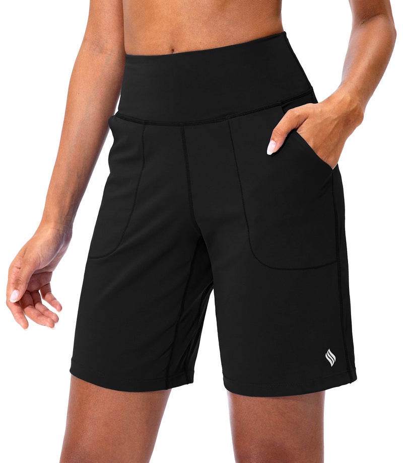 SANTINY Bermuda Shorts for Women with Zipper Pocket Womens High Waisted Long Shorts for Running Workout Athletic(Black_M) - Image 1