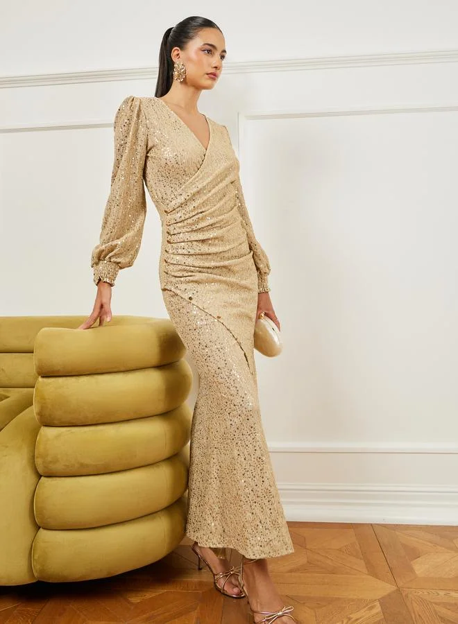 Gold Shimmering Pleated Maxi Dress