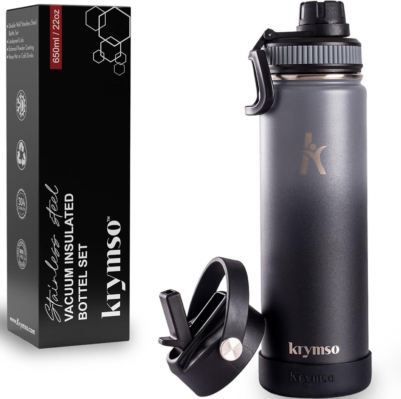 KRYMSO Stainless Steel Water Bottle 650ml – Insulated Sports Flask for Hot & Cold Drinks – Leakproof, Durable, BPA-Free – Ideal for Gym, Travel, Hiking (Black Grey) - Image 1