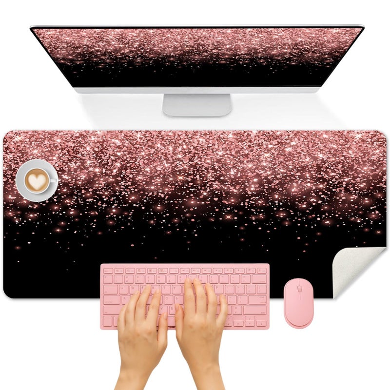 Britimes Pink Rose Gold Desk Mat Golden Black Deak Pad Non-Slip PU Leather Large Keyboard Mouse Pad Office Desktop Accessories for Office,Work,Home Decor(31.5"X15.7") - Image 1