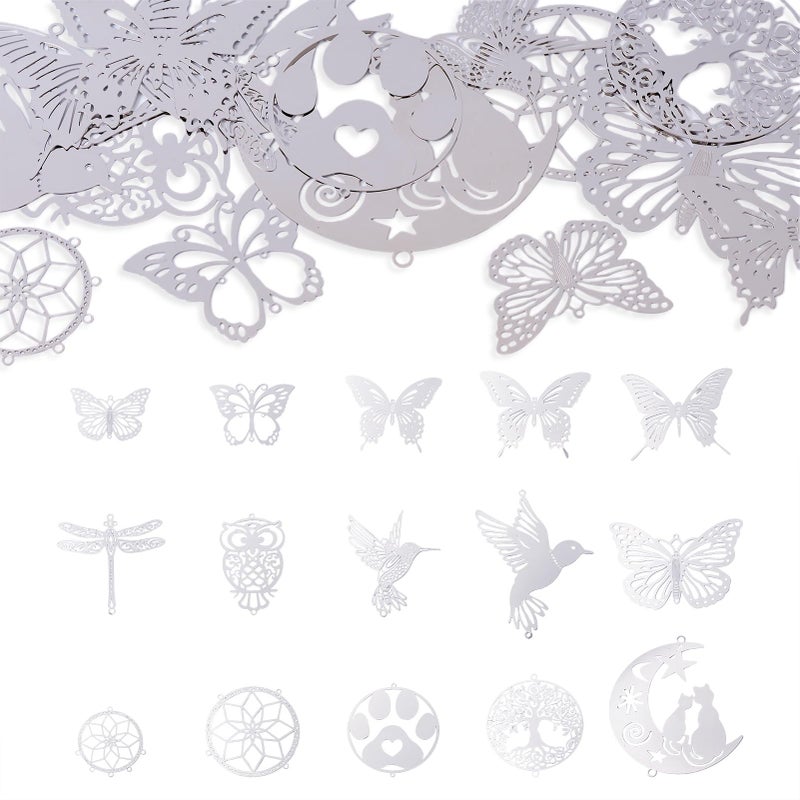 Spritewelry Silver Filigree Flower Charms Stainless Steel Hollow Flower Pendants Etched Metal Embellishments Round Heart Metal Charms for DIY Necklace Earring Jewelry Making (Silver-Insect) - Image 1