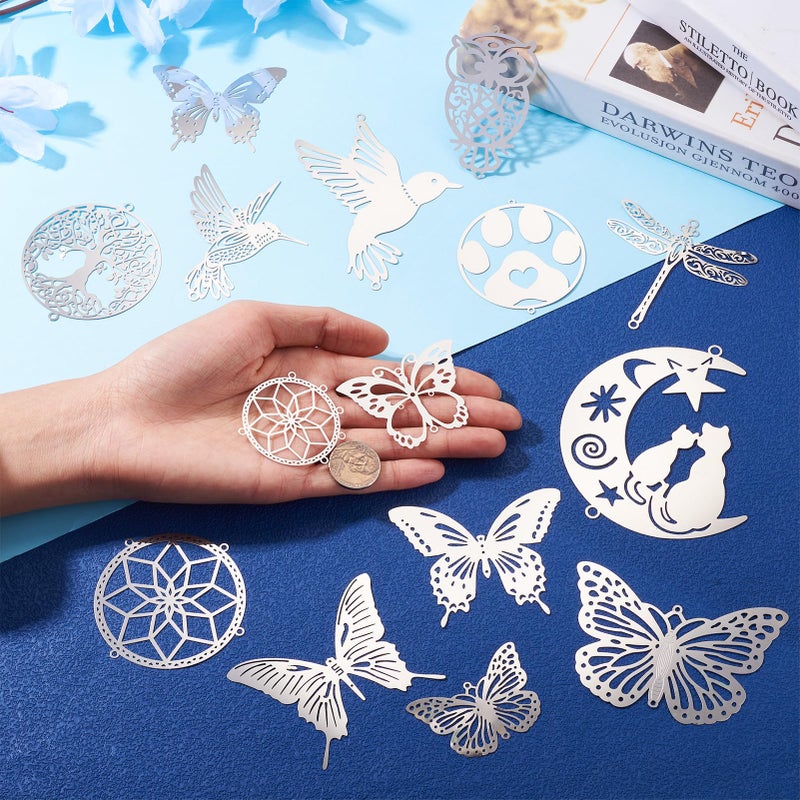 Spritewelry Silver Filigree Flower Charms Stainless Steel Hollow Flower Pendants Etched Metal Embellishments Round Heart Metal Charms for DIY Necklace Earring Jewelry Making (Silver-Insect) - Image 4