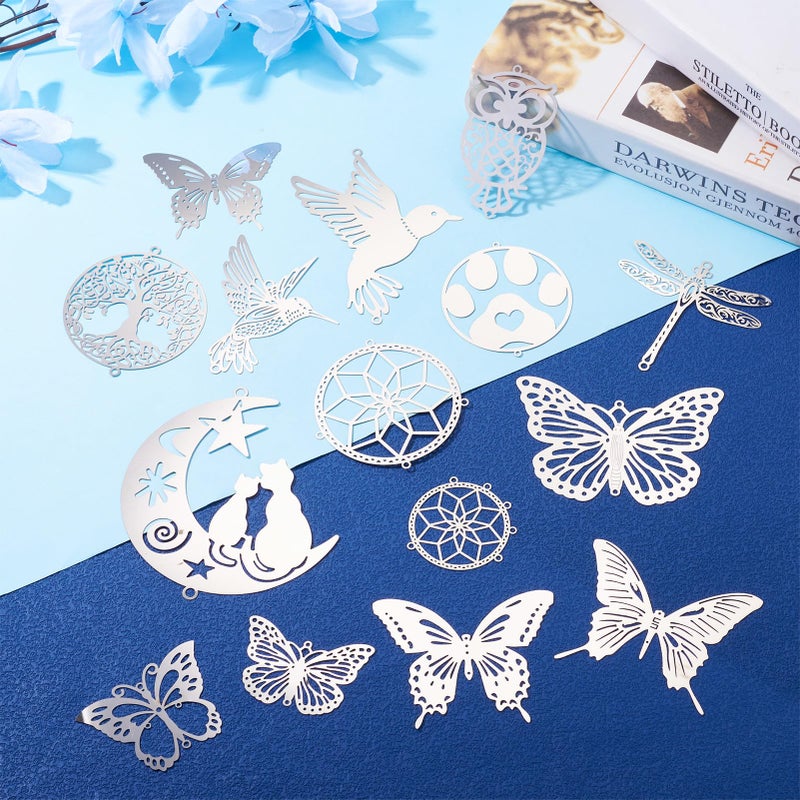 Spritewelry Silver Filigree Flower Charms Stainless Steel Hollow Flower Pendants Etched Metal Embellishments Round Heart Metal Charms for DIY Necklace Earring Jewelry Making (Silver-Insect) - Image 5