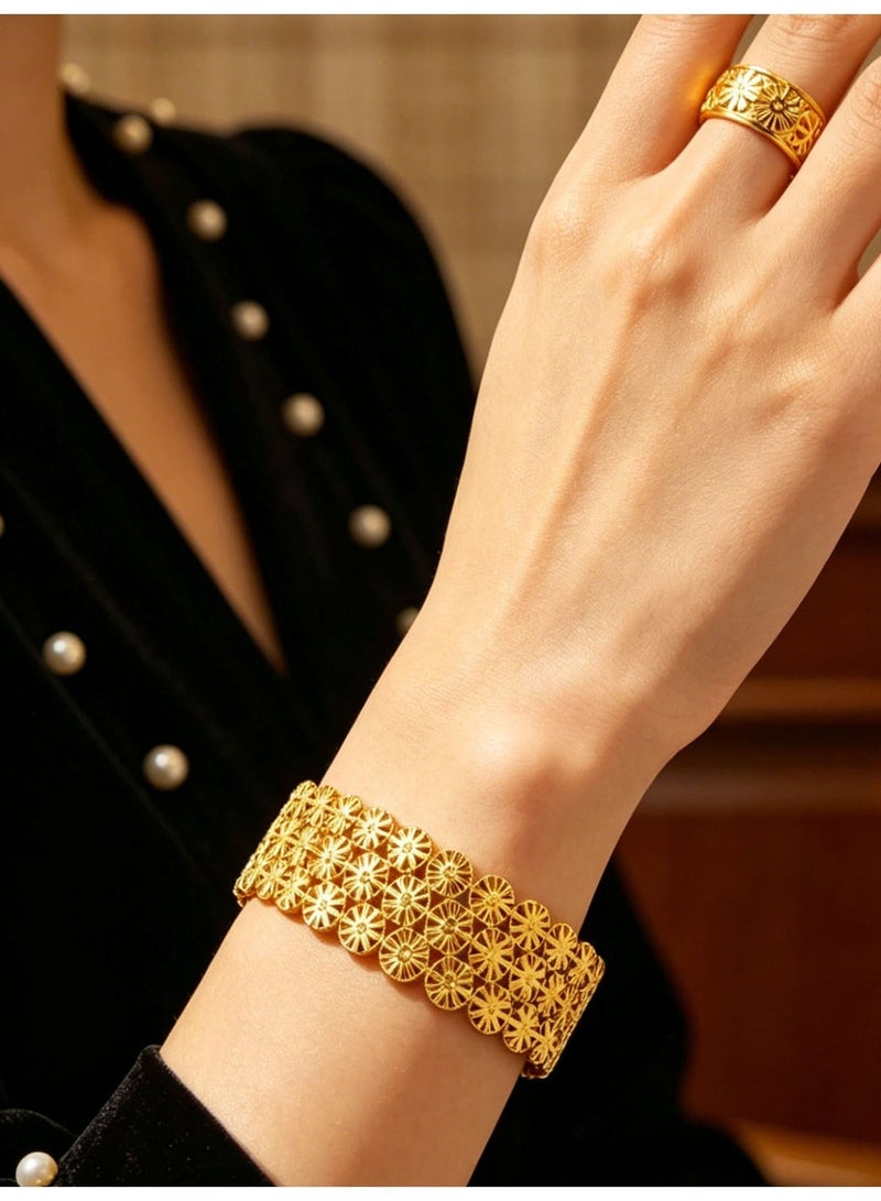 KAELVORSEN Gold Plated Bangle & Ring Set with Floral Filigree – Adjustable, Arabian Design, Wedding & Eid Gift for Women - Image 1