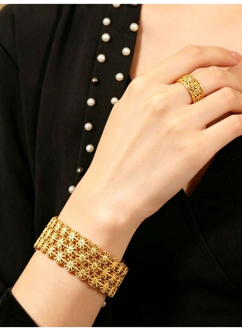 KAELVORSEN Gold Plated Bangle & Ring Set with Floral Filigree – Adjustable, Arabian Design, Wedding & Eid Gift for Women - Image 3