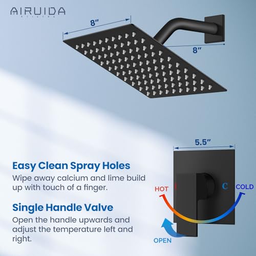 Airuida Shower Faucet Set Bathroom Rain Shower System SUS304 Stainless Steel Single Handle With Male Threads Rough-in Valve Shower Trim Kit 8 Inch Wall Mount Shower Head Matte Black - Image 4