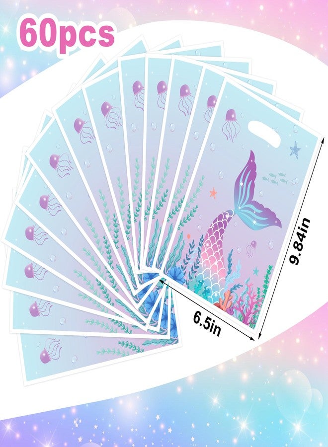 peony man 60pcs Mermaid Goodie Bags Under the Sea Plastic Gift Bag Party Favor Candy Bags Mermaid Tail Treat Bag with Handles for Girls Birthday Party Supplies - Image 2