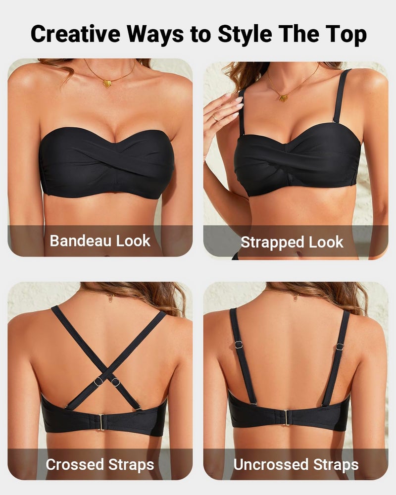 Tempt Me Bandeau Bikini Tops for Women - Strapless Swim Top Only Twist Front Bathing Suit Tops Black L - Image 4