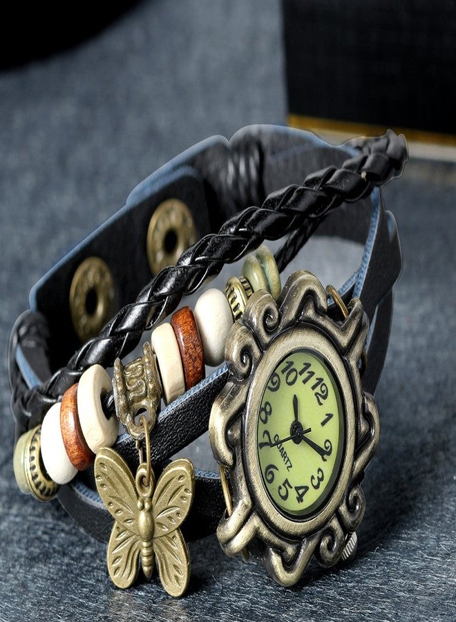 Lancardo Women's Braided Leather Straps Butterfly Charm Bracelet Bangle Watches(Black) - Image 2