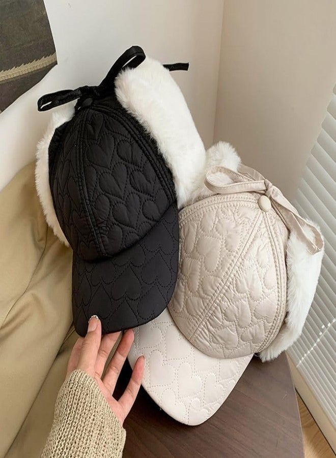 WITHMOONS Womens Fleece Earflaps Cap - Padded Quilting Warm Winter Baseball Cap YZT0226 (Black) - Image 3