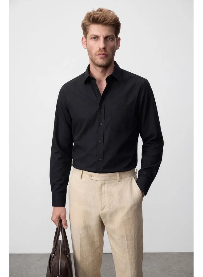 GRIMELANGE ARLES Men's Linen Blend Long Sleeve Single Pocket Regular Fit Black Shirt.
