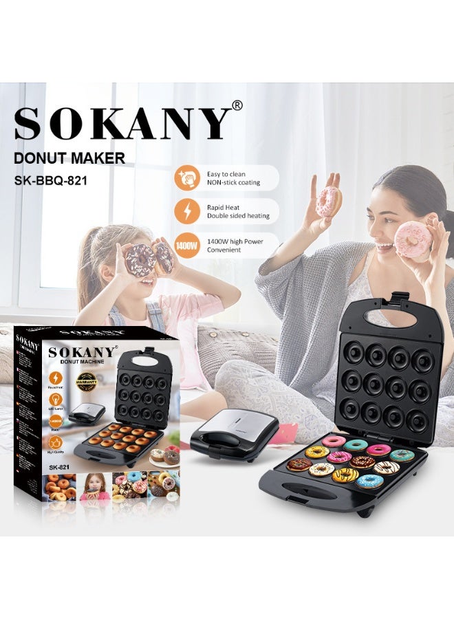 Sokany SK-BBQ-821. Its rapid heating technology, durable non-stick plates, and energy-efficient 1400W performance allow you to bake multiple mini donuts evenly, making it ideal for families, kids, celebrations, and everyday dessert preparation. - Image 1
