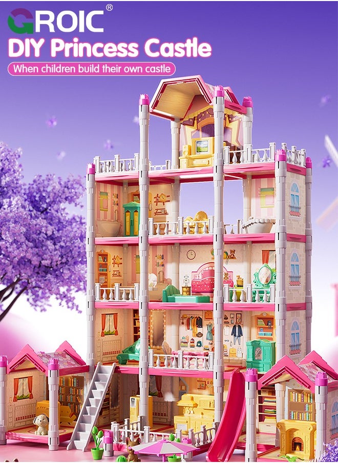 GROIC Dollhouse Doll House Toys, 5 Storeys 14 Rooms 3 Balcony, Large Dreamhouse Pretend Play Building Playset with 14 Rooms, Courtyard, Led Light & Slide, Dollhouse Asseccories and Furniture  - Image 2