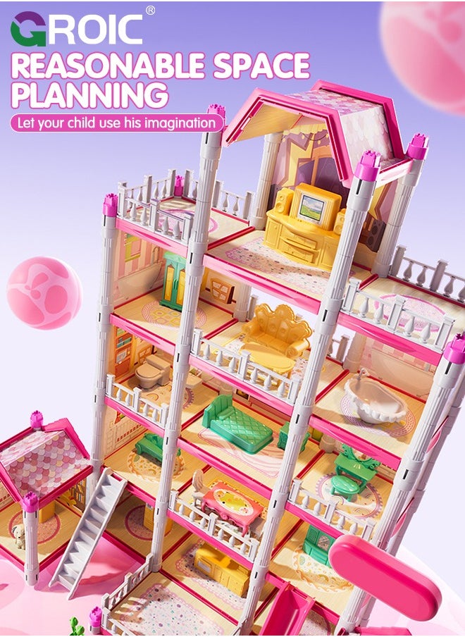 GROIC Dollhouse Doll House Toys, 5 Storeys 14 Rooms 3 Balcony, Large Dreamhouse Pretend Play Building Playset with 14 Rooms, Courtyard, Led Light & Slide, Dollhouse Asseccories and Furniture  - Image 3