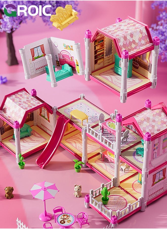 GROIC Dollhouse Doll House Toys, 5 Storeys 14 Rooms 3 Balcony, Large Dreamhouse Pretend Play Building Playset with 14 Rooms, Courtyard, Led Light & Slide, Dollhouse Asseccories and Furniture  - Image 4