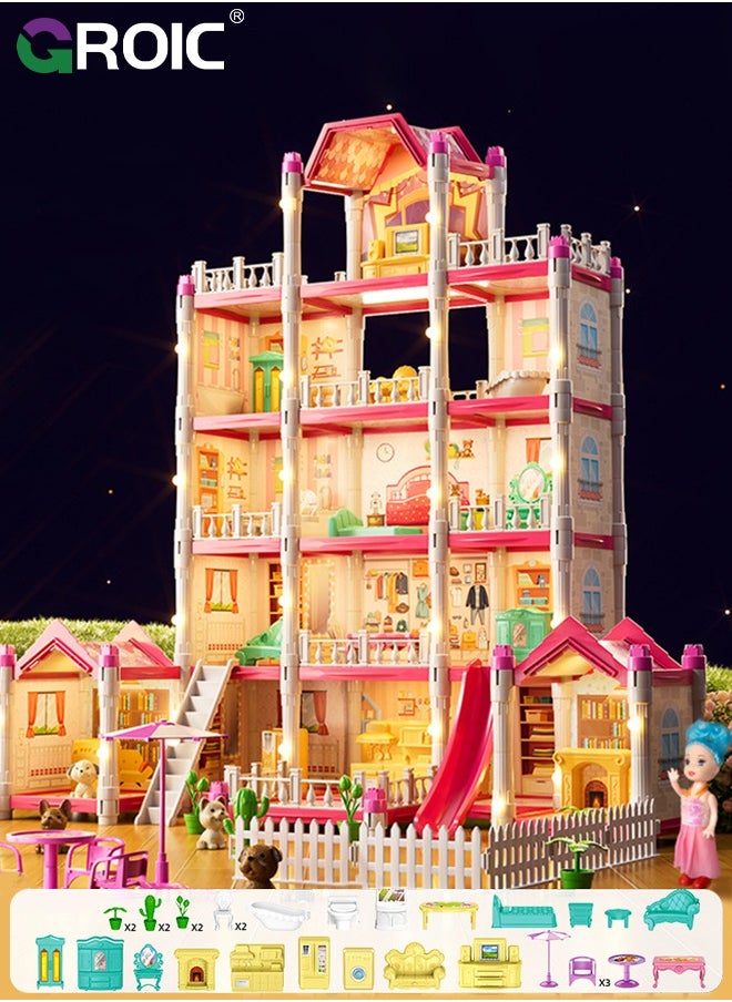GROIC Dollhouse Doll House Toys, 5 Storeys 14 Rooms 3 Balcony, Large Dreamhouse Pretend Play Building Playset with 14 Rooms, Courtyard, Led Light & Slide, Dollhouse Asseccories and Furniture  - Image 1
