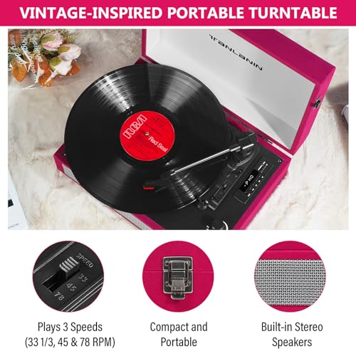TANLANIN Vintage Bluetooth Record Player 3-Speed Turntable with Built-in Speakers, Portable Suitcase Design, USB Vinyl Recording, RCA AUX Headphone Out, Red - Image 5