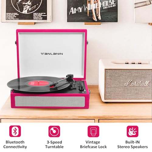 TANLANIN Vintage Bluetooth Record Player 3-Speed Turntable with Built-in Speakers, Portable Suitcase Design, USB Vinyl Recording, RCA AUX Headphone Out, Red - Image 2