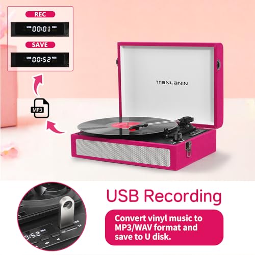 TANLANIN Vintage Bluetooth Record Player 3-Speed Turntable with Built-in Speakers, Portable Suitcase Design, USB Vinyl Recording, RCA AUX Headphone Out, Red - Image 4