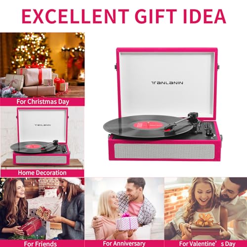 TANLANIN Vintage Bluetooth Record Player 3-Speed Turntable with Built-in Speakers, Portable Suitcase Design, USB Vinyl Recording, RCA AUX Headphone Out, Red - Image 3