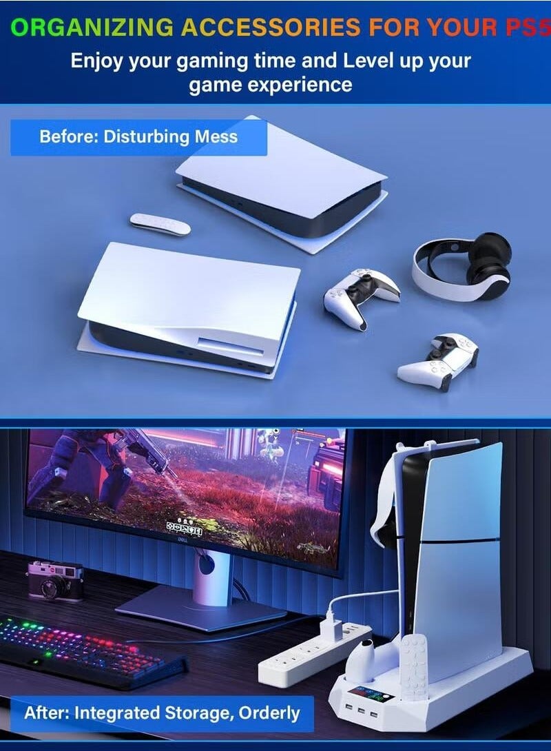Super ZYouth PS5 / PS5 Pro/PS5 Slim Stand and Cooling Station with Controller Charging Station for Playsation 5 Slim&Standard Disc/Digital Console PS5 Accessories Incl Controller Charger Turbo Fan 3 USB Hub Headset Holder  - Image 5