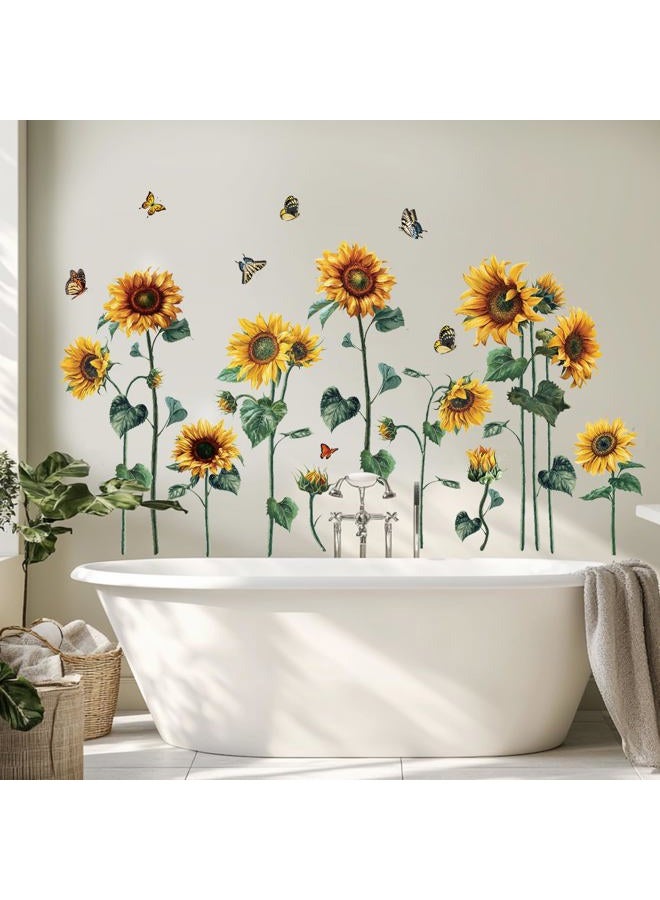 Aurbhosa Watercolor Sunflower Wall Sticker DIY Flower Butterfly Wall Decal Vintage Floral Plant Wall Art Mural Green Leaf Wall Stickers for Living Room Bedroom Decor - Image 1