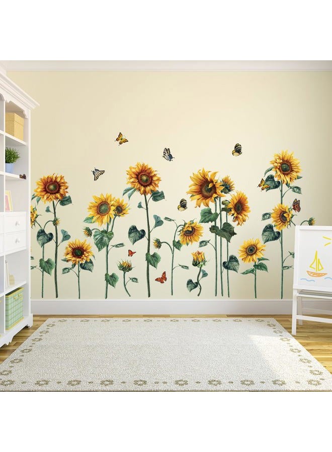 Aurbhosa Watercolor Sunflower Wall Sticker DIY Flower Butterfly Wall Decal Vintage Floral Plant Wall Art Mural Green Leaf Wall Stickers for Living Room Bedroom Decor - Image 4