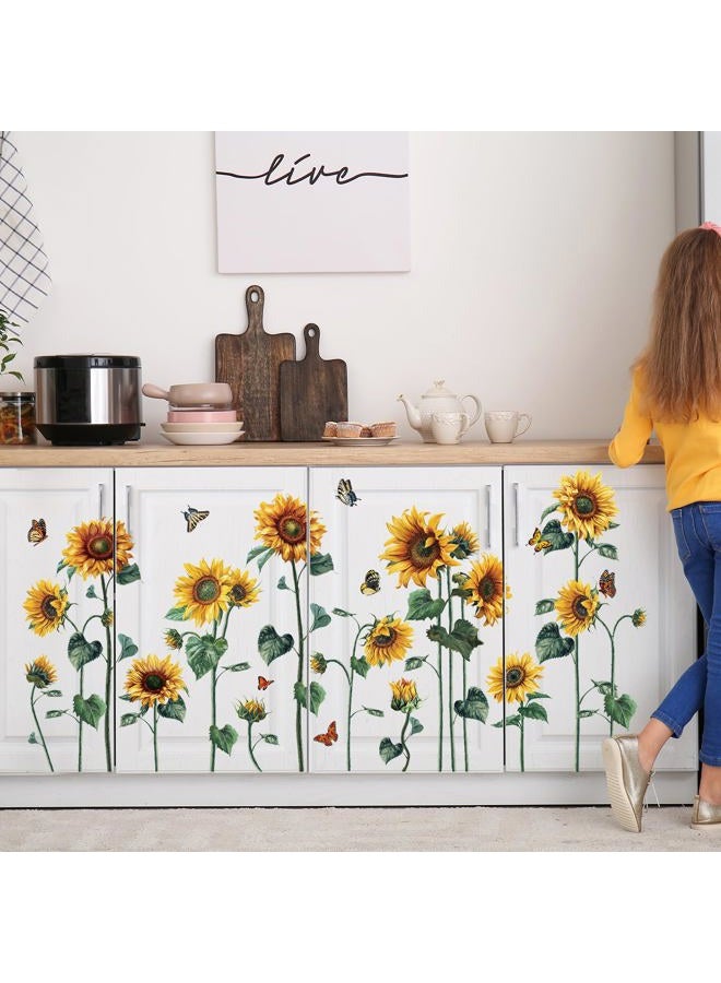 Aurbhosa Watercolor Sunflower Wall Sticker DIY Flower Butterfly Wall Decal Vintage Floral Plant Wall Art Mural Green Leaf Wall Stickers for Living Room Bedroom Decor - Image 2
