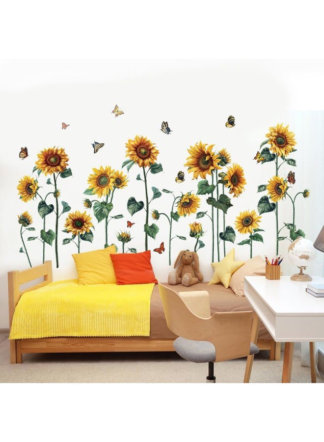 Aurbhosa Watercolor Sunflower Wall Sticker DIY Flower Butterfly Wall Decal Vintage Floral Plant Wall Art Mural Green Leaf Wall Stickers for Living Room Bedroom Decor - Image 3