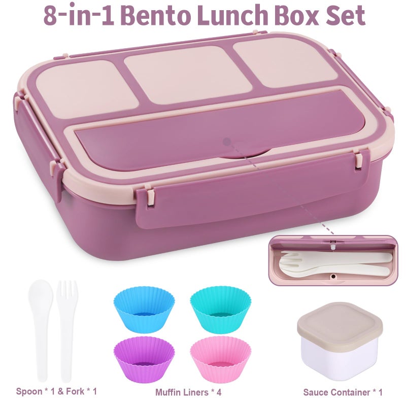 shell and turtle Bento Box Adult Lunch Box, Lunch Containers for Kids Girls Boys with 4 Compartments, Lunchable Food Container with Utensils, Sauce Jar, Muffin Liners, 40 Oz/5 Cup, Dark Purple - Image 5