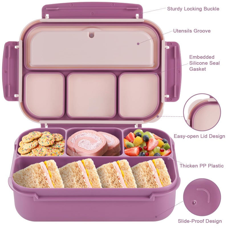 shell and turtle Bento Box Adult Lunch Box, Lunch Containers for Kids Girls Boys with 4 Compartments, Lunchable Food Container with Utensils, Sauce Jar, Muffin Liners, 40 Oz/5 Cup, Dark Purple - Image 3