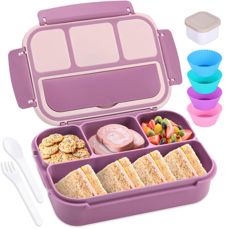 shell and turtle Bento Box Adult Lunch Box, Lunch Containers for Kids Girls Boys with 4 Compartments, Lunchable Food Container with Utensils, Sauce Jar, Muffin Liners, 40 Oz/5 Cup, Dark Purple - Image 1