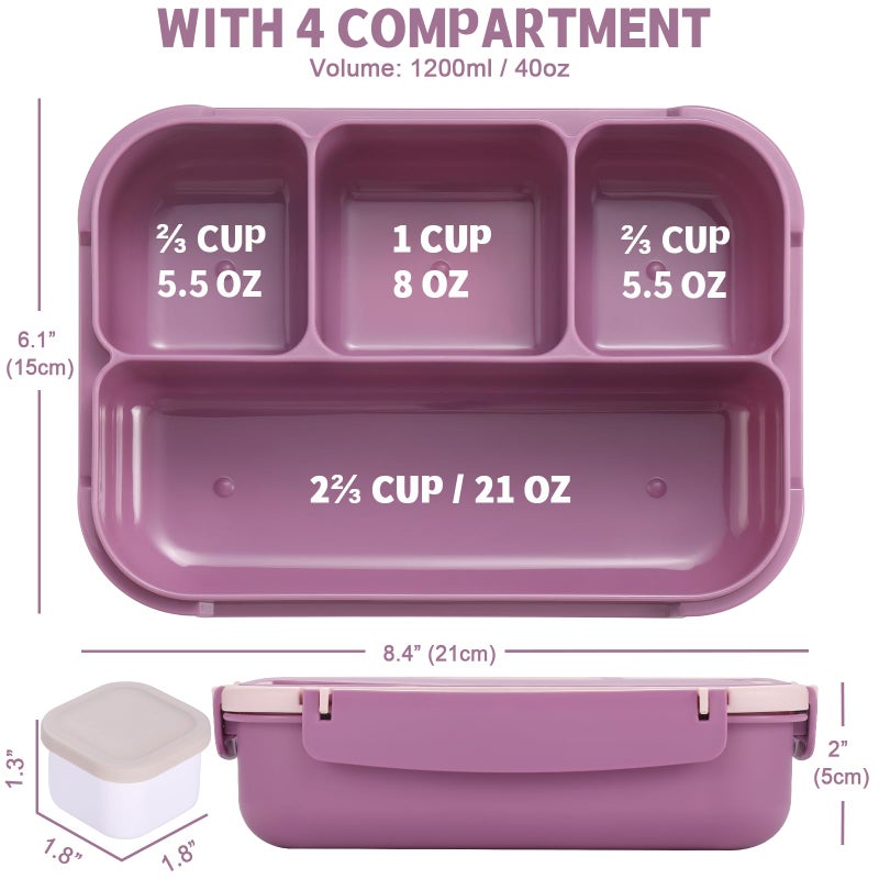 shell and turtle Bento Box Adult Lunch Box, Lunch Containers for Kids Girls Boys with 4 Compartments, Lunchable Food Container with Utensils, Sauce Jar, Muffin Liners, 40 Oz/5 Cup, Dark Purple - Image 2