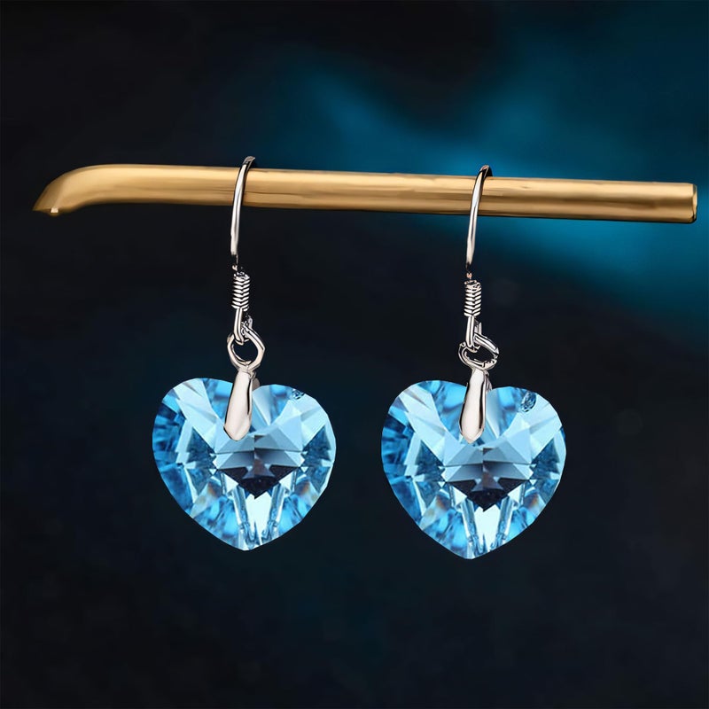 EVEVIC Austrian Crystal Heart Drop Dangle Earrings for Women 925 Sterling Silver Hook Hypoallergenic Earring (Aquamarine) - Image 3