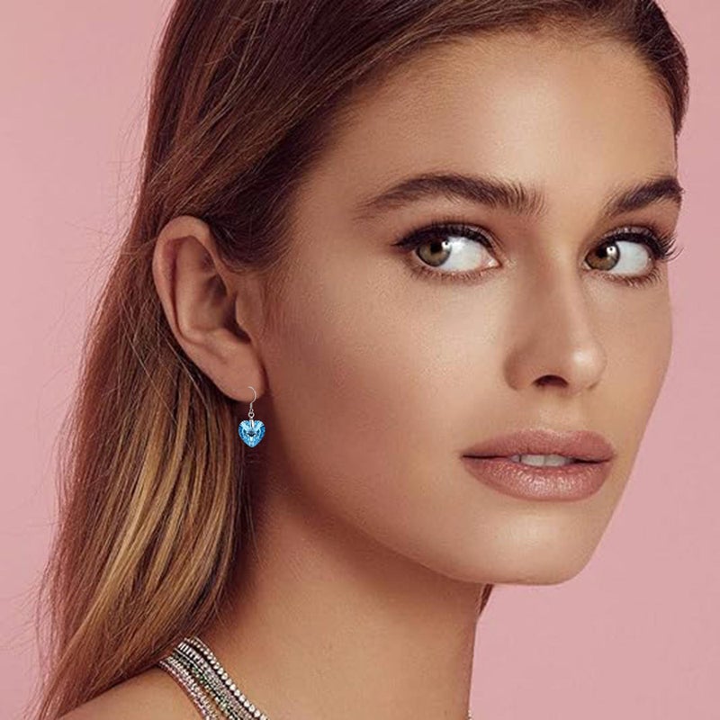 EVEVIC Austrian Crystal Heart Drop Dangle Earrings for Women 925 Sterling Silver Hook Hypoallergenic Earring (Aquamarine) - Image 2