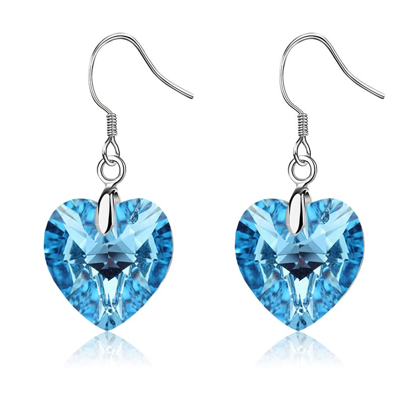 EVEVIC Austrian Crystal Heart Drop Dangle Earrings for Women 925 Sterling Silver Hook Hypoallergenic Earring (Aquamarine) - Image 1