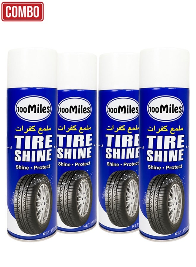 100Miles Tire Shine Spray 500ml Pack of 4 – High Gloss Tire Polish & Protector for Car & Bike Tires, Restores Black Wet Look, UV & Water Resistant, Long Lasting Shine, Dust Dirt Repellent, Easy Spray Application, Acid Free Formula - Image 1