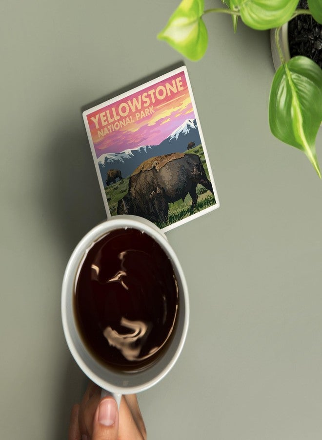 Lantern Press Yellowstone National Park, Bison and Sunset (Absorbent Ceramic Coaster, Single, Cork Back, Kitchen Table Decor) - Image 2