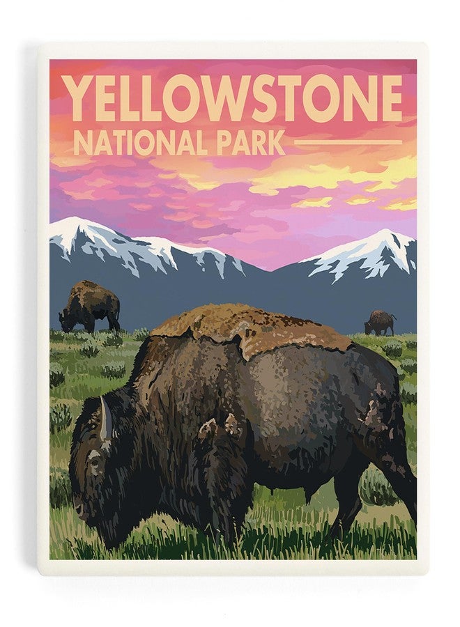 Lantern Press Yellowstone National Park, Bison and Sunset (Absorbent Ceramic Coaster, Single, Cork Back, Kitchen Table Decor) - Image 1
