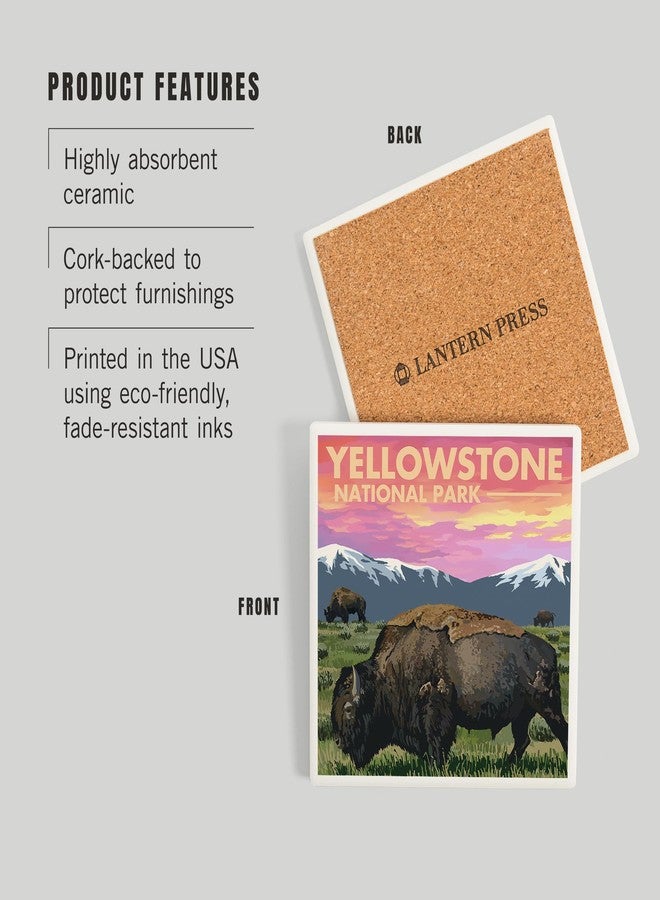 Lantern Press Yellowstone National Park, Bison and Sunset (Absorbent Ceramic Coaster, Single, Cork Back, Kitchen Table Decor) - Image 3