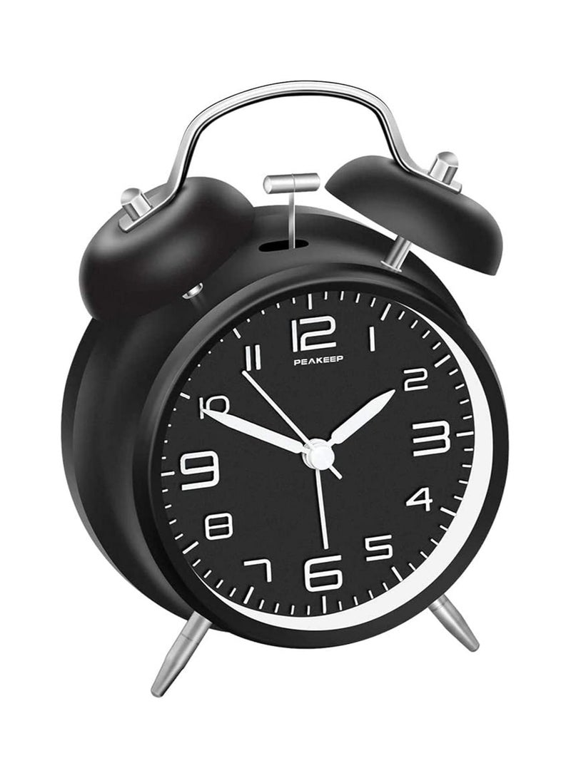 Arabest 4 Inches Twin Bell Alarm Clock For Heavy Sleepers, Non Ticking Night Backlight Battery Operated, Vintage Alarm Clock (Black) - Image 1