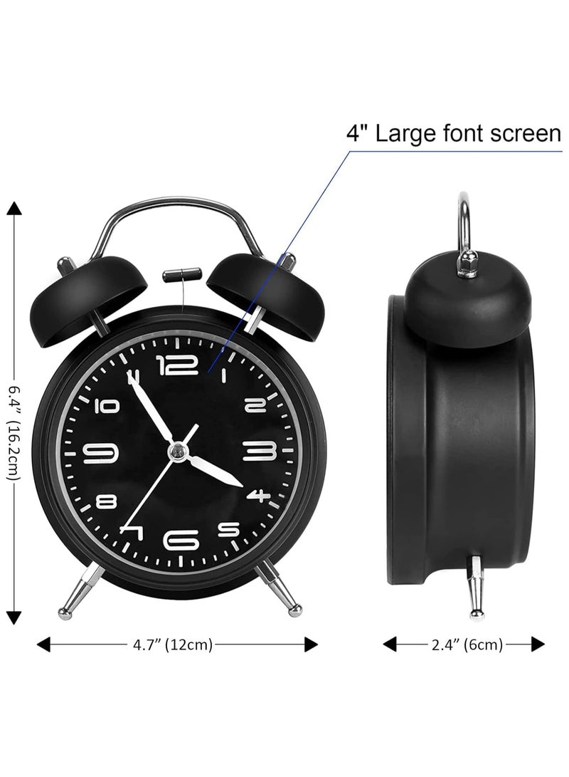 Arabest 4 Inches Twin Bell Alarm Clock For Heavy Sleepers, Non Ticking Night Backlight Battery Operated, Vintage Alarm Clock (Black) - Image 2